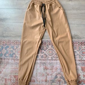 Camel/tan faux leather joggers